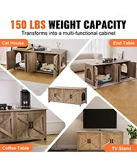 Aostirmotor Wooden Cat Litter Box Enclosure, 2-Room Hidden Pet Furniture with Greige Finish for Indoor Use