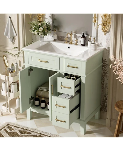 Sillysis 30" Bathroom Vanity with Ceramic Sink, Modern Storage Cabinet 2 Soft-Close Doors & Deep Drawer for Small Bathrooms