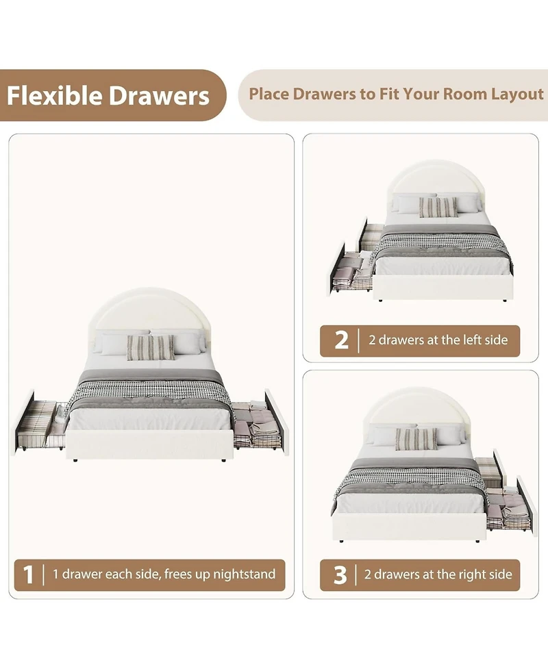 gaomon Queen Bed Frame Storage Drawers Upholstered Boucle Platform Round Headboard Heavy Duty Noise-Free No Box Spring