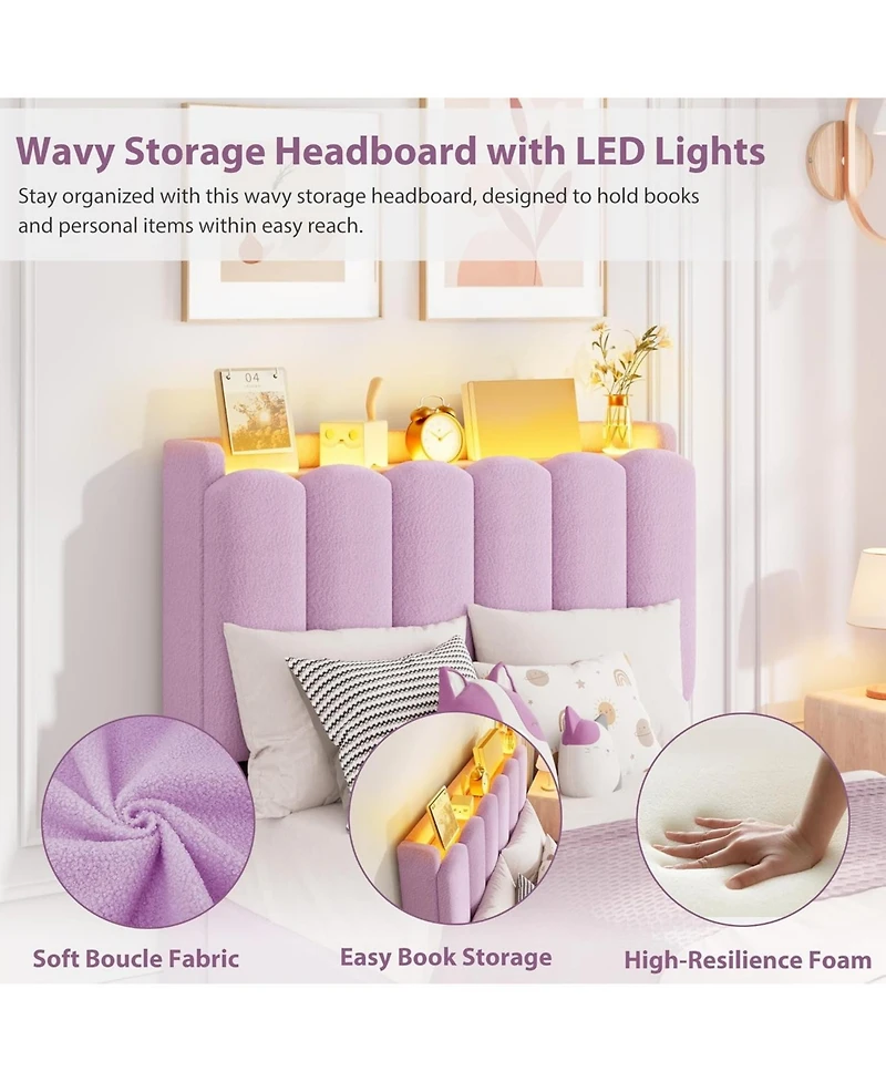 gaomon Upholstered Platform Bed Frame Wavy Headboard Storage Bookcase 2 Drawers No Box Spring.