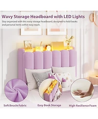 gaomon Upholstered Platform Bed Frame Wavy Headboard Storage Bookcase 2 Drawers No Box Spring.