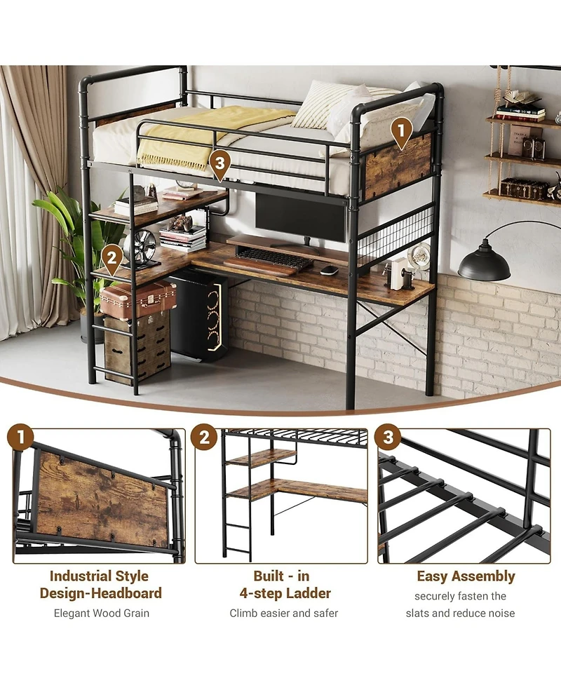 gaomon Loft Bunk Bed with L-Shaped Desk Twin Loft Under-Desk Workspace Metal Bunk Ladder High Guardrail Easy Assembly