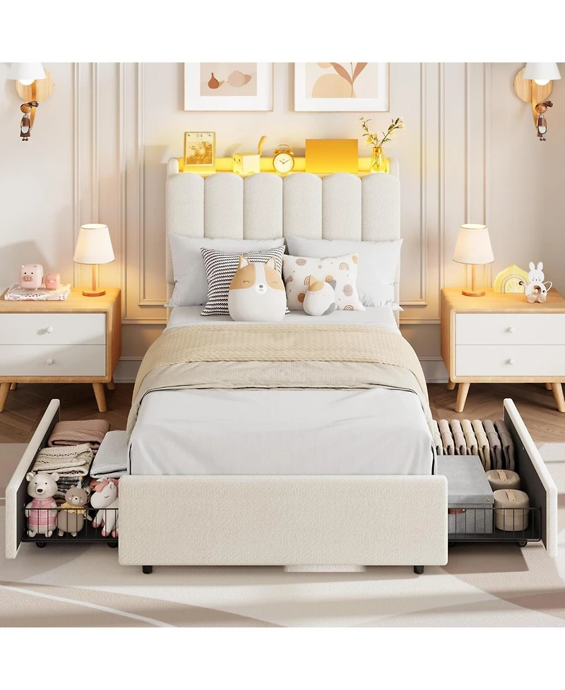 gaomon Twin-xl Boucle Upholstered Platform Bed Wavy Headboard Storage Bookcase 2 Drawers No Box Spring