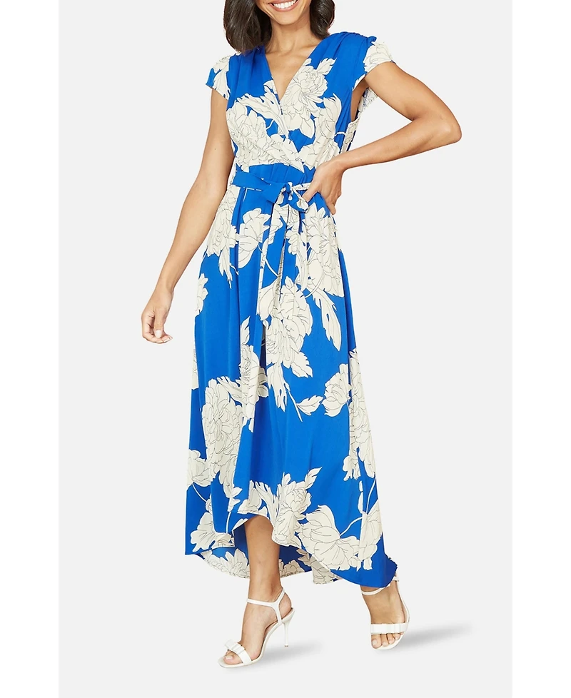 Yumi Women's Blossom Print Dipped Hem Wrap Midi Dress