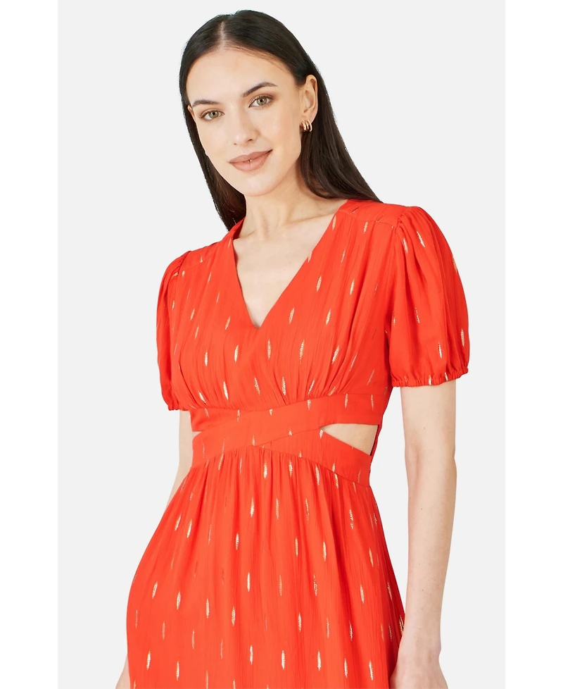 Yumi Women's Foil Print Viscose Cut Out Midi Dress