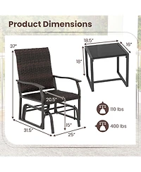 Gymax 3 Pcs Patio Gliding Set Wicker Swing Glider Furniture Set Tempered Glass Coffee Table