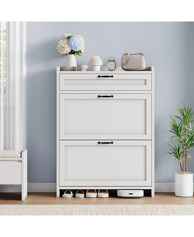 gaomon Shoe Cabinet with 2 Flip Drawers and 1 Top Drawer High-Gloss Painted Wood Shoe Organizer