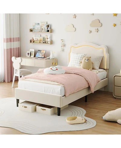 gaomon Upholstered Bed Frame with Smart Led and Adjustable Bear Headboard, Velvet Princess Platform Bed, Wooden Slats Support Kids Bed