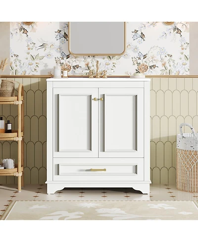 Sillysis 30 Bathroom Vanity with Ceramic Sink, Drawer & 2 Soft Close Doors, Adjustable Shelf Storage for Modern Bathrooms