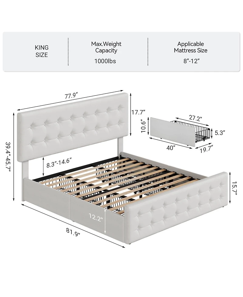 gaomon Bed Frame 4 Storage Drawers Linen Upholstered Headboard Wooden Slats No Box Spring Button Tufted.