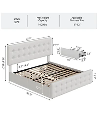 gaomon Bed Frame 4 Storage Drawers Linen Upholstered Headboard Wooden Slats No Box Spring Button Tufted.
