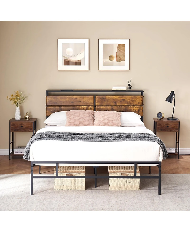 gaomon Industrial WoodandMetal Bed Frame- Storage Headboard Wooden Shelves No Box Spring Needed