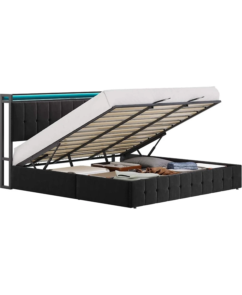 gaomon Bed Frame Lift-Up Storage Led Lights Upholstered Velvet Charging Headboard Metal Frame Wooden Slats No Box Spring