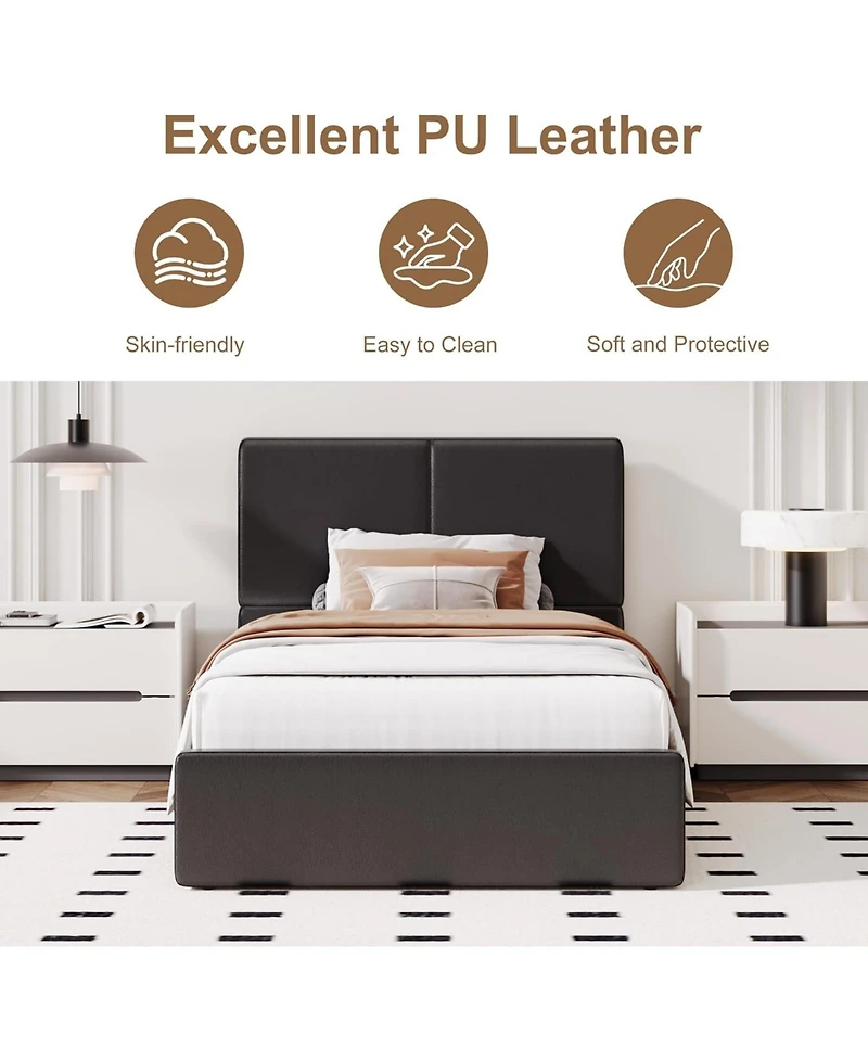 gaomon Upholstered Platform Bed Frame with 2 Storage Drawers, Faux Leather Low Profile Bed Base with Wood Slat Support