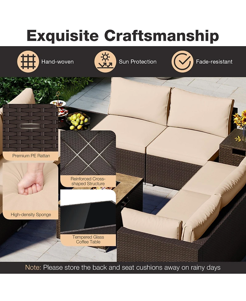 Gymax 12 Pcs Outdoor Patio Wicker Sectional Sofa Set w/ 32'' Propane Fire Pit Table Tank Holder
