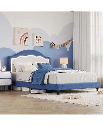 gaomon Bed Frame with Led Headboard for Kids, Sherpa Upholstered Platform Bed Frame with Wood Slat Support, No Box Spring Required