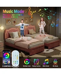 gaomon Upholstered Bed Frame with Smart Led and Adjustable Bear Headboard, Velvet Princess Platform Bed, Wooden Slats Support Kids Bed