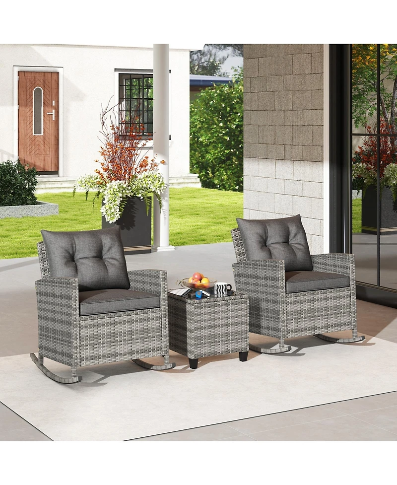 Gymax Set of 3 Wicker Rocking Patio w/ Tempered Glass Table & Soft Cushions