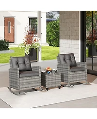 Gymax Set of 3 Wicker Rocking Patio w/ Tempered Glass Table & Soft Cushions