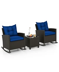 Gymax Set of 3 Wicker Rocking Set Patio w/ Tempered Glass Table & Soft Cushions