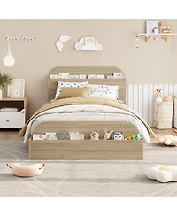 gaomon Bed Frame Wooden Storage Headboard Low Platform Sturdy Slats No Box Spring Space-Saving
