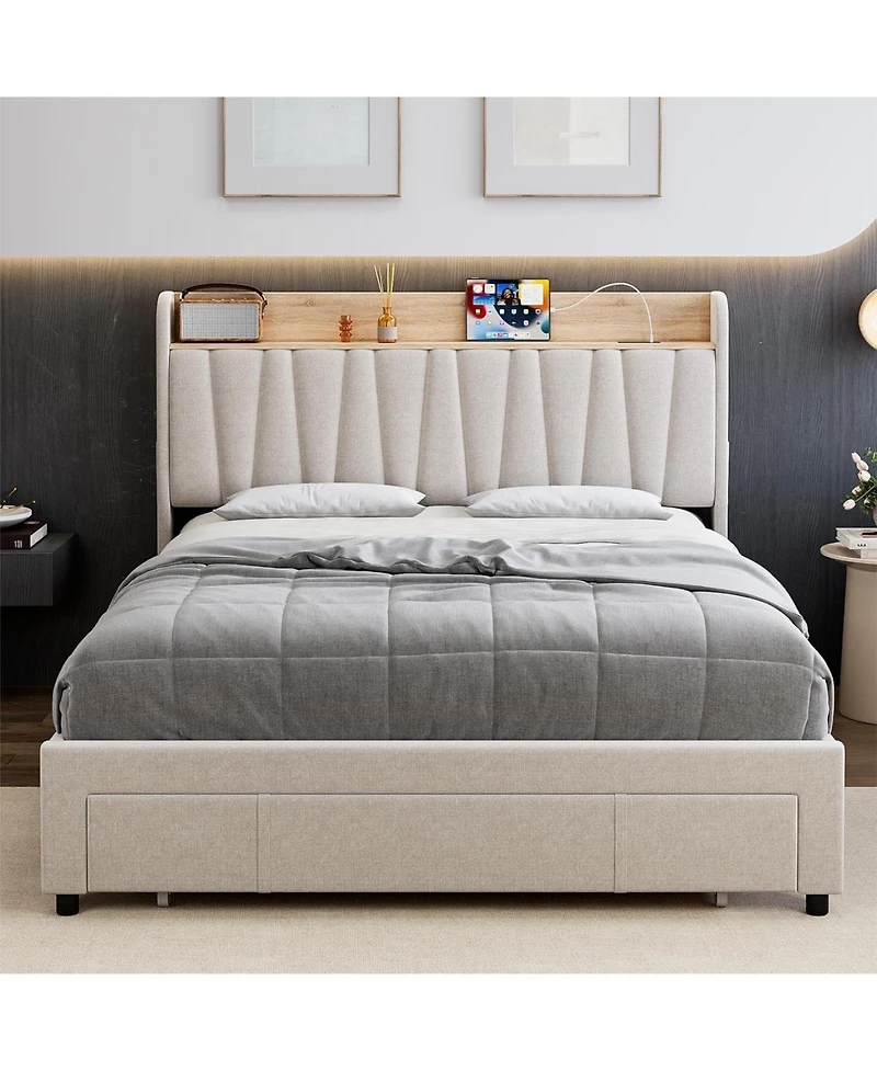 gaomon Bed Frame Storage Headboard Platform Linen Fabric Charging Station Drawer No Box Spring Easy Assembly
