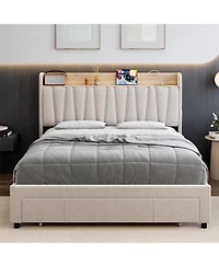gaomon Bed Frame Storage Headboard Platform Linen Fabric Charging Station Drawer No Box Spring Easy Assembly