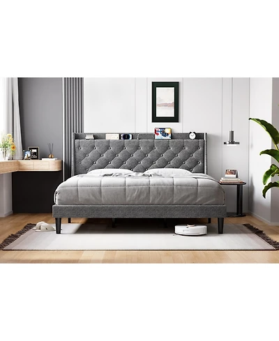 gaomon Upholstered Bed Frame Wingback Headboard Linen Deep Button Tufted Storage Shelf Charging Usb No Noise Box Spring Optional