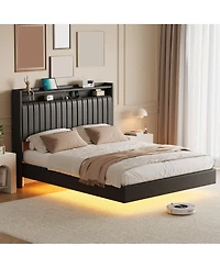 gaomon Floating Bed Frame Queen Rgb Led Lights Charging Station 50" Leather Headboard Upholstered Storage No Box