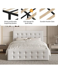 gaomon Bed Frame 4 Storage Drawers Linen Upholstered Headboard Wooden Slats No Box Spring Button