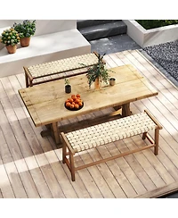 Gymax 47'' Long Teak Wood Patio Bench w/Weave Seat Solid Wood Legs Backless for Porch