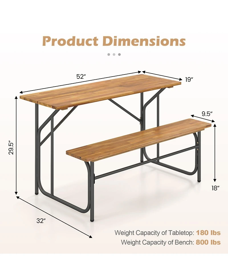 Gymax Patio Table Bench Set for 2 Picnic Table & Loveseat w/Acacia Wood Top Metal Legs