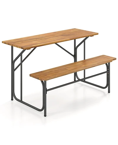 Gymax Patio Table Bench Set for 2 Picnic Table & Loveseat w/Acacia Wood Top Metal Legs