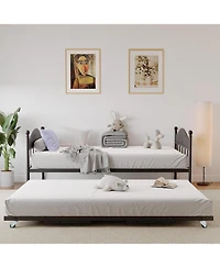 gaomon Daybed With Trundle, Metal Twin Day Bed Stylish Headboard, Sofa BedFrame Pop Up Foldable Trundle Bed, Heavy Duty Steel Slats Platform