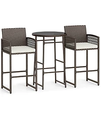 Gymax 3 Piece Wicker Patio Bar Set w/ 2 Seat Cushions Glass Tabletop for Backyard