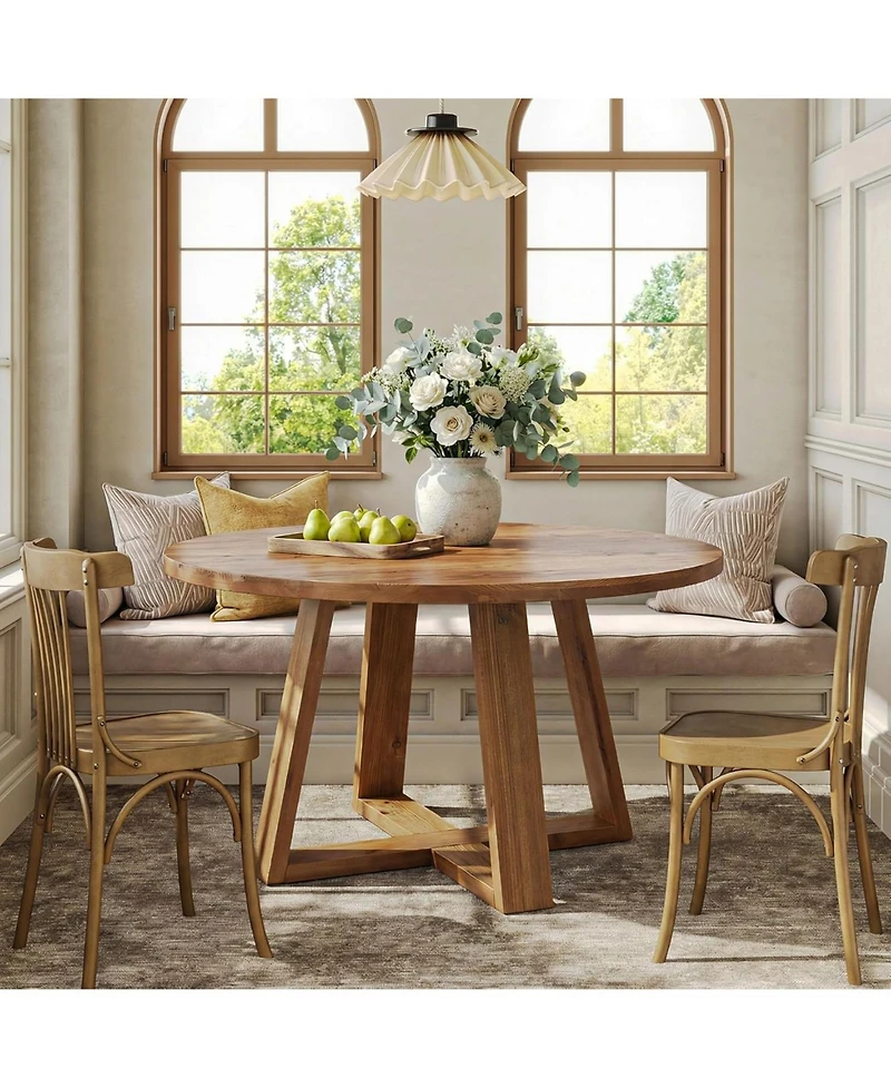 Tribesigns Solid Wood Dining Table for 4, 47.2" Farmhouse Round Kitchen Table, Warm Oak Finish