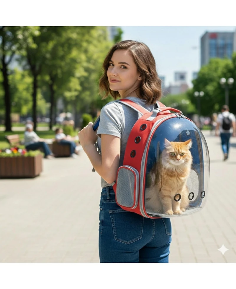 Breathable Transparent Pet Carrier Bag for Cats & Small Dogs – Portable Space Capsule with Zipper, Red, Ideal for Travel & Outdoor Adventures