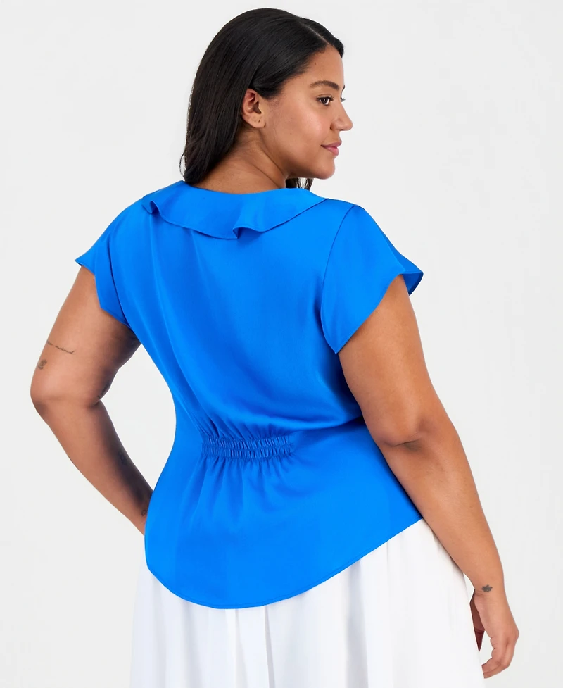 Tahari Asl Plus Ruffled Flutter-Sleeve Top