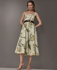 Donna Karan New York Womens Floral Sleeveless Midi A Line Dress