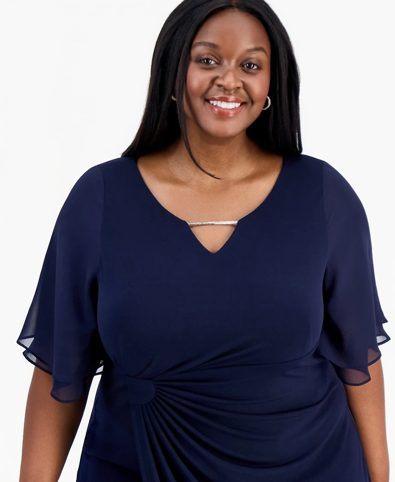Connected Plus Double Flared-Sleeve Bar-Trim Dress