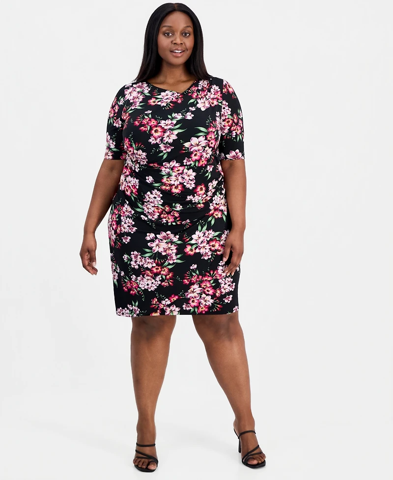 Connected Plus Printed Asymmetric-Neck Short-Sleeve Dress