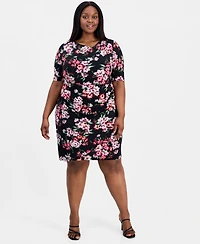 Connected Plus Printed Asymmetric-Neck Short-Sleeve Dress