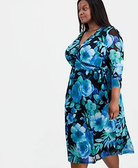 Connected Plus Printed Faux-Wrap Midi Dress