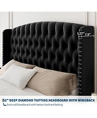 Gaomon King Bed Frame with 51'' Tall Wingback Headboard, Velvet Upholstered Platform Frames Strong Wood Slats Support, Noise Free