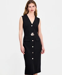 Connected Women's V-Neck Sleeveless Belted Sheath Dress