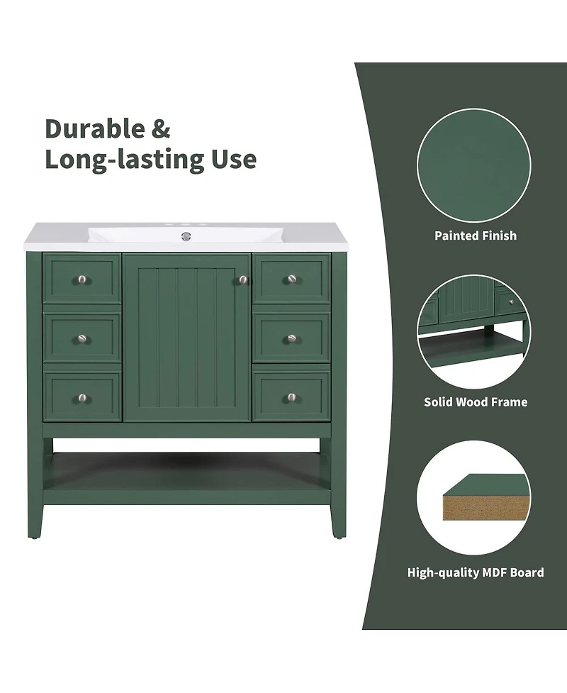 Sillysis 36 Bathroom Vanity with Ceramic Sink, Solid Wood Cabinet, 3 Drawers & Adjustable Shelf for Modern Bathrooms