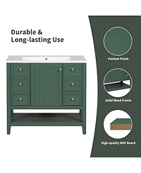 Sillysis 36 Bathroom Vanity with Ceramic Sink, Solid Wood Cabinet, 3 Drawers & Adjustable Shelf for Modern Bathrooms