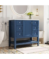 Sillysis 36" Bathroom Vanity with Ceramic Sink, Solid Wood Cabinet, 3 Drawers & Adjustable Shelf for Modern Bathrooms