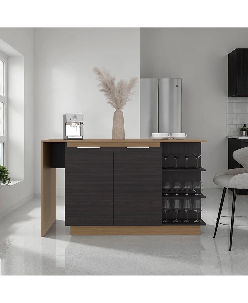 Fm Furniture Urie Kitchen Island with Storage Cabinet and Wine Glass Holder, Wenge