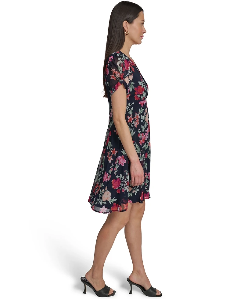 Calvin Klein Women's Puff-Sleeve Printed V-Neck Chiffon Dress